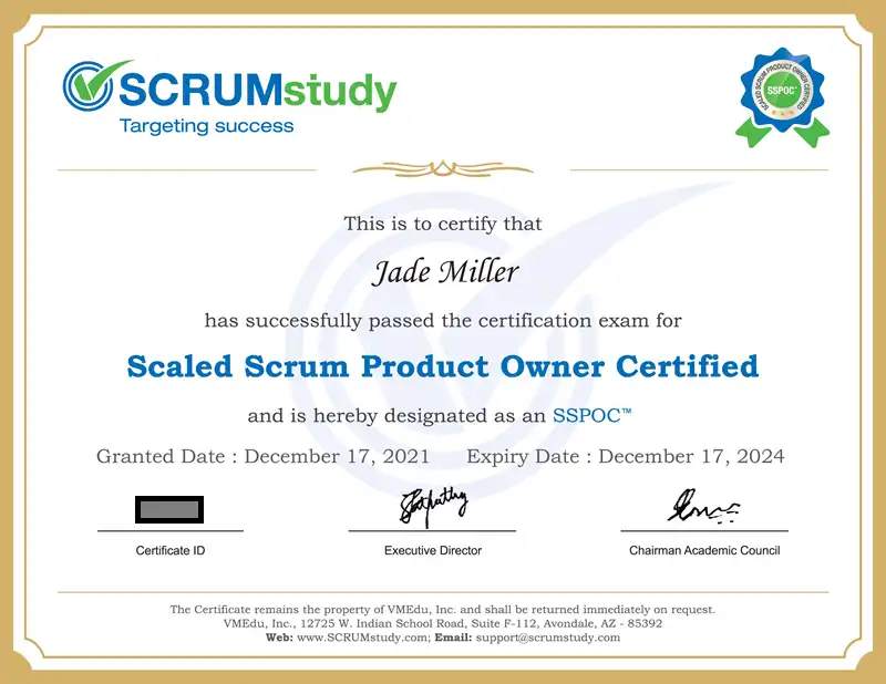 SSPOC Sample Certificate